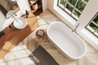 Ahşap banyo manzaralı küvetli ve aynalı lavabo, ahşap döşemeli halı. Evdeki banyo köşesinde. Tropik bölgelerde panoramik pencere. 3B görüntüleme