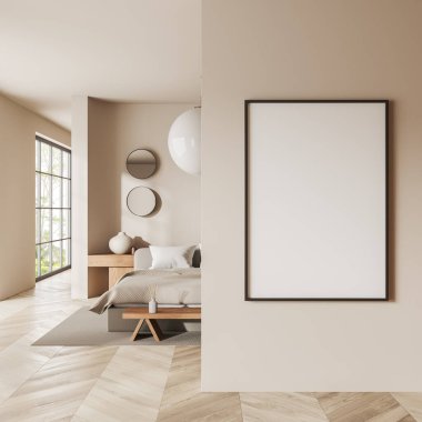 Konforlu yatak odası iç döşek ve dekorasyon, ahşap döşeme halısı. Tropik bölgelerde panoramik pencereli bir uyku odası. Bölümdeki tuval posterini taklit et. 3B görüntüleme