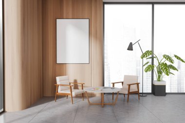 Modern ofis bekleme odasının içinde ahşap duvarlar, fayanslı döşemeler, iki rahat koltuk ve yuvarlak kahve masası. Dikey maket posteri. 3d oluşturma