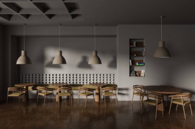 İçinde sandalyeler, ahşap masa ve kahverengi kiremit döşeme olan koyu renkli bir kafe. Süslü ve kitaplı raflar. Minimalist mobilyalarla rahat yemek ve dinlenme alanı. 3B görüntüleme