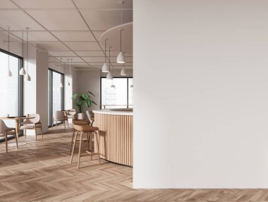 Beyaz duvarları, ahşap zemini, tabureli yuvarlak tezgahı, beyaz sandalyeli masaları ve sağında boş duvar modelleri olan modern barın içi. 3d oluşturma