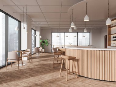 İçi rahat bir kafe, bar taburesi ve ahşap döşeli koltuklu yemek masası. Singapur gökdelenlerinin minimalist zarif dekorasyonu ve panoramik penceresi. 3B görüntüleme
