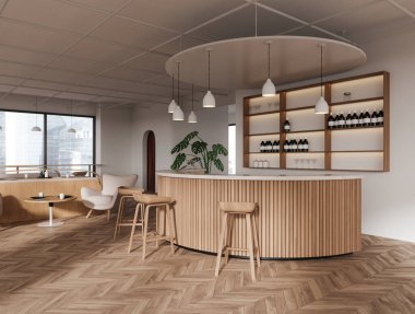 Ahşap restoran içi, bar taburesi ve koltuklu yemek masası. İçkileri ve minimalist dekorasyonu olan raflar Singapur gökdelenlerinin panoramik pencereleri. 3B görüntüleme