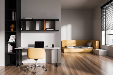 Çalışma alanı olan modern çocuk odası, dizüstü bilgisayar, rafta sandalye ve kitaplar, ahşap zemin. Yataklı arka planda uyku alanı ve gökdelenlerde panoramik pencere. 3B görüntüleme