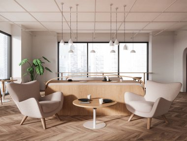 Beyaz duvarları, ahşap zemini, rahat beyaz koltukları ve yuvarlak masaları olan modern bir restoran. Arka planda şehir manzarası olan büyük pencereler. 3d oluşturma