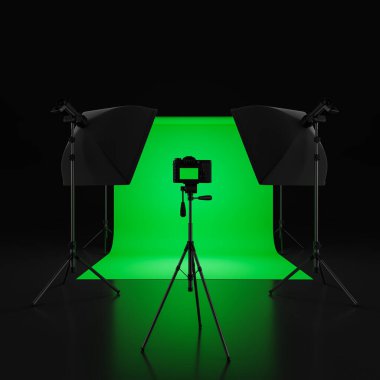 Yeşil ekran kromatonlu yayın stüdyosunun içi, iki tek ışıklı ve tripodun üzerinde duran kamera. Yayın ve film yapma kavramı. 3d oluşturma
