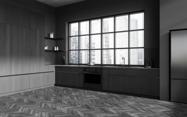 Gri ve koyu ahşap duvarları, ahşap zemini ve köşesinde lavabo, fırın ve buzdolabı bulunan gri dolapları olan şık bir mutfak. 3d oluşturma