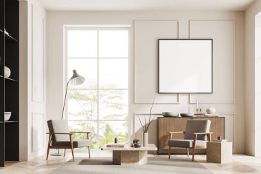 Interior of modern living room with white walls, wooden floor, two comfortable armchairs standing near coffee table and wooden dresser with square mock up poster above it. 3d rendering clipart