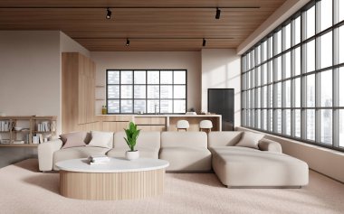 Stüdyonun içinde kanepe, büfenin içinde dekor, mutfak gereçleri olan bar adası. Singapur 'da panoramik pencereli şık bir dairede yemek ve dinlenme odası. 3B görüntüleme