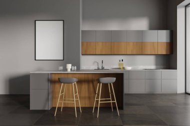 Gri duvarları, fayanslı zemini, lavabo ve fırında yapılmış gri ve ahşap dolapları, gri tabureli ve dikey poster çerçeveli bar tezgahı olan şık mutfağın içi. 3d oluşturma