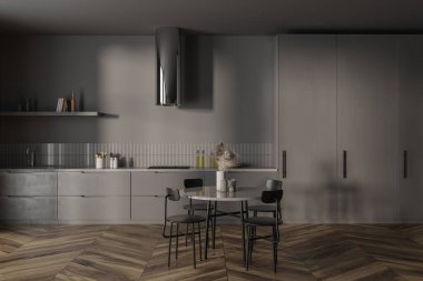 Kahverengi mutfak masası, sandalyeler, mutfak gereçleri ve buzdolabı olan gizli raflar. Ahşap zeminde modern yemek ve yemek alanı. 3B görüntüleme