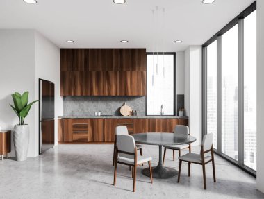 Beyaz mutfak, yemek masası, sandalyeler ve raflı yemek pişirme alanı. Gökdelenlerde panoramik penceresi olan minimalist beslenme alanı. 3B görüntüleme