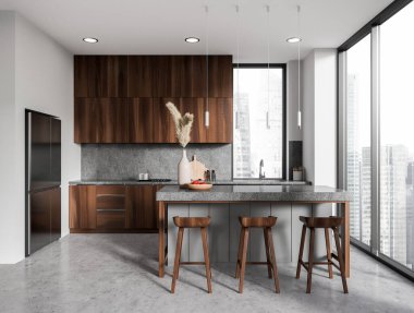 Bar adası ve dışkıyla ev mutfağı. Buzdolabı ve mutfak malzemeli ahşap raflar. Gökdelenlerde panoramik pencereli yemek ve yemek odası. 3B görüntüleme