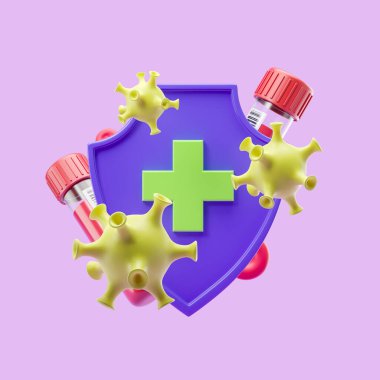 Yeşil haçlı antibakteriyel ya da anti virüs kalkanı, analiz tüpleri ve mor arka planda bakteri. Sağlık koruma ve aşı kavramı. 3B görüntüleme