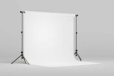 Kiralık film, video ve fotoğraf stüdyosu, tripodda büyük siklonama, gri arka planda yan görüş. Moda ve TV şovu kavramı. Boş tuvali kopyala. 3B resimleme