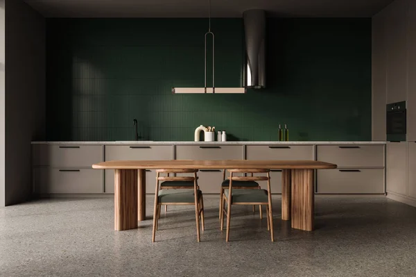 深绿色的家庭厨房内部有餐桌 水泥地板上的座位 有厨房用具的架子 有盖的水池和火炉 现代烹饪和饮食区 3D渲染 — 图库照片