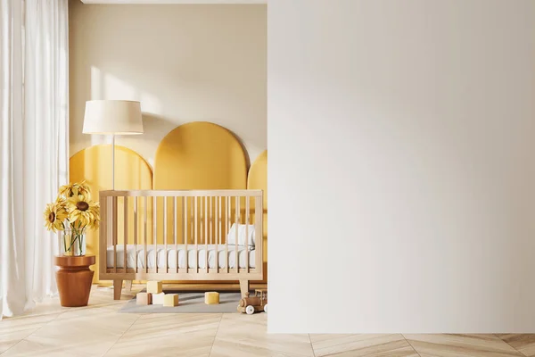 现代婴儿房的内部与婴儿床 装饰和玩具的地毯 硬木地板 舒适明亮的家居睡眠区 育婴室空间与模拟的空墙分隔 3D渲染 — 图库照片