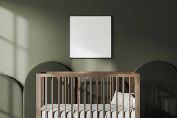 Dark Green Home Baby Room Interior Wooden Crib Bed Linens — Stock Photo, Image