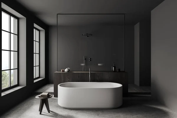 黑暗浴室内部 浴缸和淋浴后玻璃隔板 凳子与毛巾和配件架子上 全景窗户在农村 灰色混凝土地面 3D渲染 — 图库照片