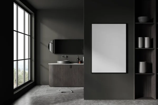 暗い灰色の壁 コンクリートの床 暗い木製のキャビネットと楕円形の鏡の上に立って快適なラウンドシンクとスタイリッシュなバスルームのインテリア 縦型のモックアップポスターフレーム 3Dレンダリング — ストック写真