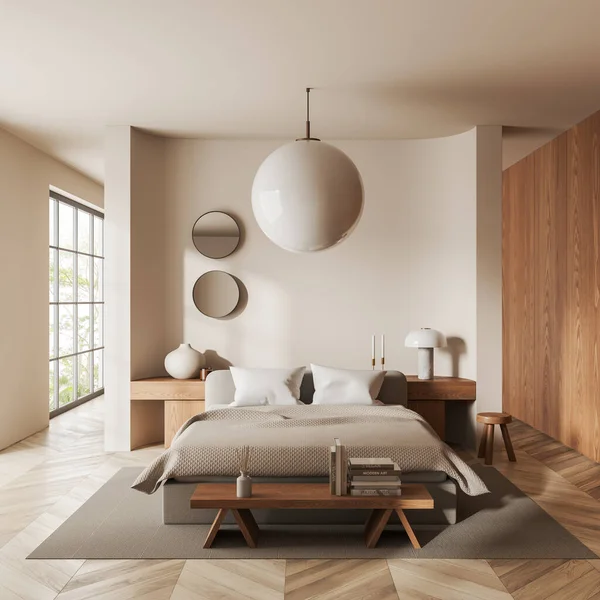 Interieur Eines Modernen Schlafzimmers Mit Weißen Wänden Holzboden Bequemem King — Stockfoto
