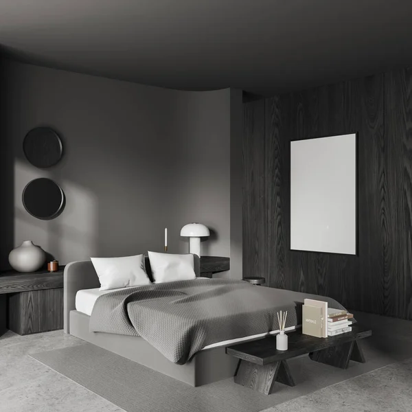 Dark bedroom interior bed and bench on carpet, side view grey concrete floor. Sleeping corner with minimalist decoration. Mock up canvas poster on black wooden wall. 3D rendering