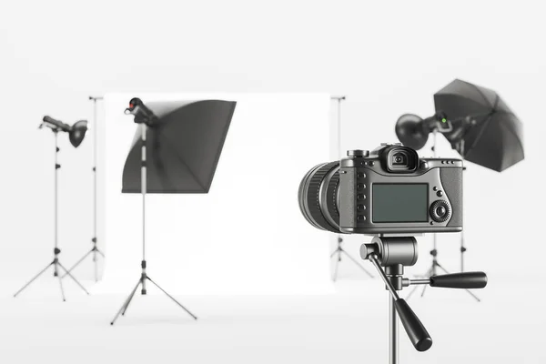 Photo Camera Studio Room Professional Equipment Cyclorama Tripod Soft Box — Stock Photo, Image