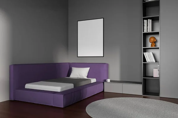 Dark baby bedroom interior with purple bed, side view carpet on hardwood floor. Shelf with books and drawer. Modern design and mock up canvas poster. 3D rendering