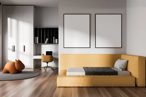 Interior Stylish Child Bedroom White Walls Wooden Floor Comfortable Yellow — Stock Photo, Image