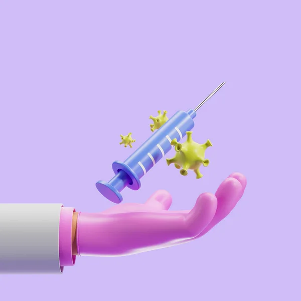 3d rendering. Cartoon character doctor hand in glove with syringe and bacterium, copy space purple background. Concept of injection, virus and vaccine illustration