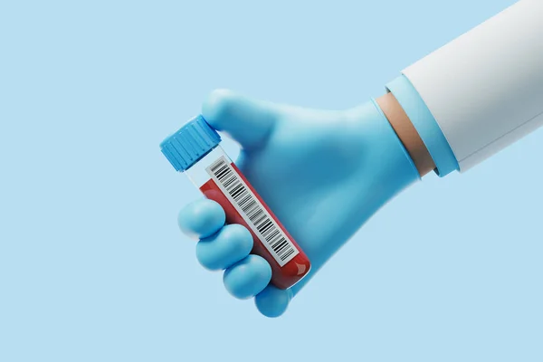 View of cartoon man doctor hand in blue glove holding test tube with blood sample and bar code over blue background. Concept of medical check up, healthcare and biochemistry. 3d rendering