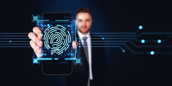 Businessman Holding Phone Screen Glowing Fingerprint Hud Circuit Board Biometric — Stock Photo, Image