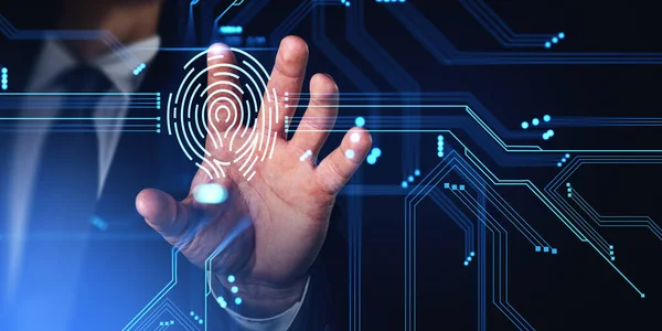 Businessman Finger Touching Glowing Fingerprint Hud Hologram Cybersecurity Biometric Scanning — Stock Photo, Image