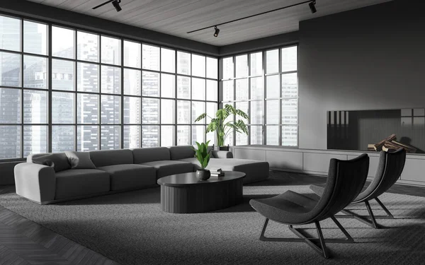グレーの壁 木製の床 快適なソファ アームチェア ラウンドコーヒーテーブルとスタイリッシュなリビングルームのコーナー 3Dレンダリング — ストック写真