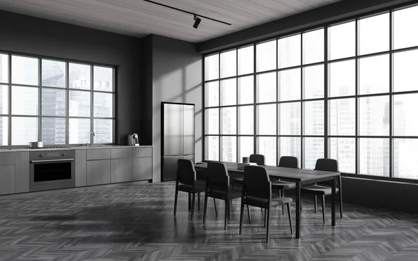 Interior Cozinha Moderna Casa Escura Com Mesa Jantar Cadeiras Canto — Fotografia de Stock