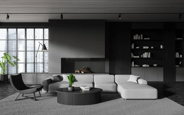 グレーの壁 木製の床 快適なソファ アームチェア ラウンドコーヒーテーブルとスタイリッシュなリビングルームのインテリア 3Dレンダリング — ストック写真