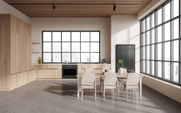 Interior Cozinha Moderna Com Paredes Bege Madeira Piso Concreto Armários — Fotografia de Stock