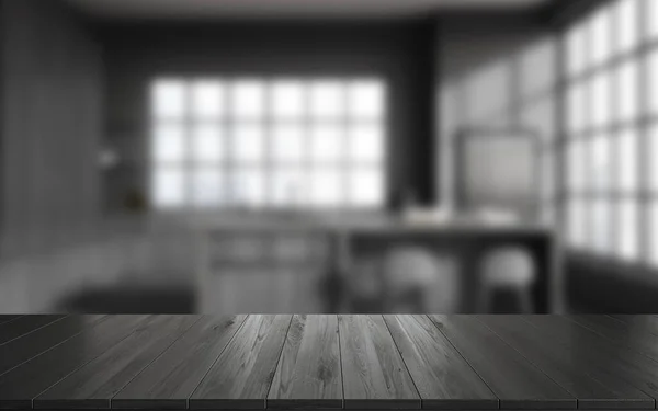 Μαύρο Ξύλινο Άδειο Τραπέζι Στο Φόντο Του Κομψού Εσωτερικού Χώρου — Φωτογραφία Αρχείου