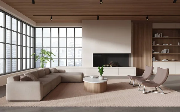 2つのアームチェアとソファ コーヒーテーブルと装飾が施された棚付きのモダンなリビングルームのインテリア 高層ビルの暖炉とパノラマの窓のあるラウンジゾーン 3Dレンダリング — ストック写真