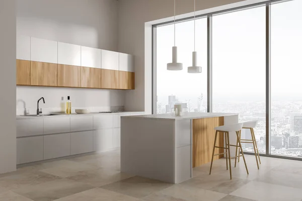 Corner Modern Kitchen White Walls Tiled Floor White Wooden Cabinets — Stock Photo, Image