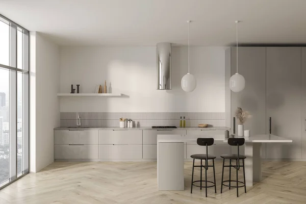 Interior Stylish Minimalistic Kitchen White Walls Wooden Floor Gray Cabinets — Stock Photo, Image