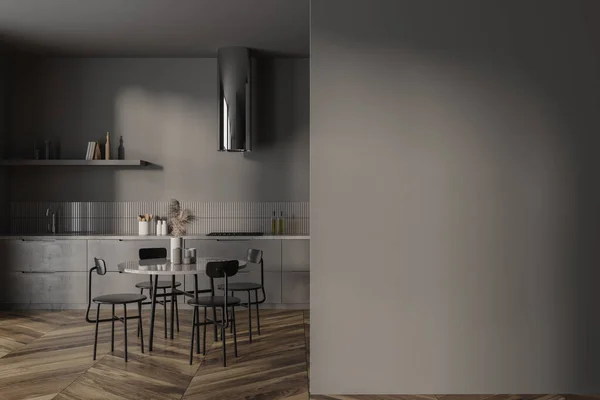 Interieur Der Modernen Minimalistischen Küche Mit Grauen Wänden Dunklem Holzboden — Stockfoto