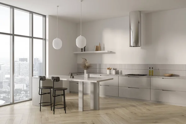 Stylish home kitchen interior with bar island and stool, side view hidden shelves with kitchenware. Modern cooking and dining corner. Panoramic window on Paris skyscrapers. 3D rendering