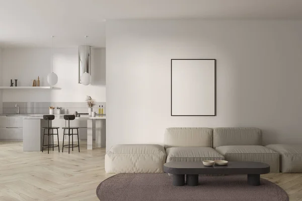 Interior Elegante Sala Estar Com Paredes Brancas Piso Madeira Sofá — Fotografia de Stock