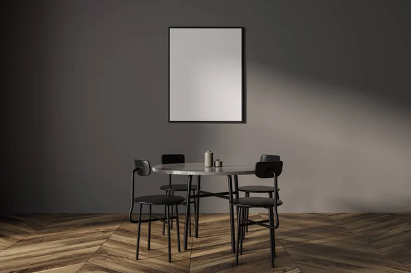グレーの壁 暗い木製の床 黒い椅子がその近くに立っている円形のテーブルと垂直モックアップポスターとスタイリッシュなミニマリストのダイニングルームのインテリア 3Dレンダリング — ストック写真