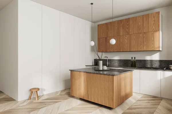 Witte Keuken Interieur Met Bar Eiland Kookhoek Zijaanzicht Minimalistisch Meubilair — Stockfoto