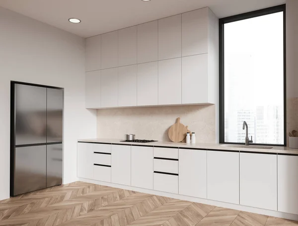 Moderne Wohnküche Mit Spüle Und Geschirr Seitenansicht Kochnische Mit Kühlschrank — Stockfoto