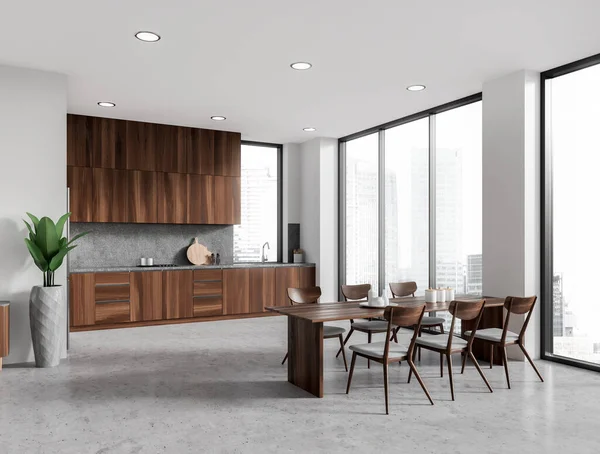 Weiße Wohnküche Mit Esstisch Stühlen Mit Seitenblick Und Kochecke Minimalistischer — Stockfoto