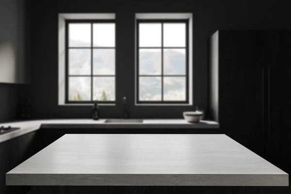 グレーの壁 暗い木製のキャビネットと2つの窓とぼやけたキッチンに立っているあなたの製品のための白いテーブル 広告の概念 3Dレンダリング コピースペース — ストック写真