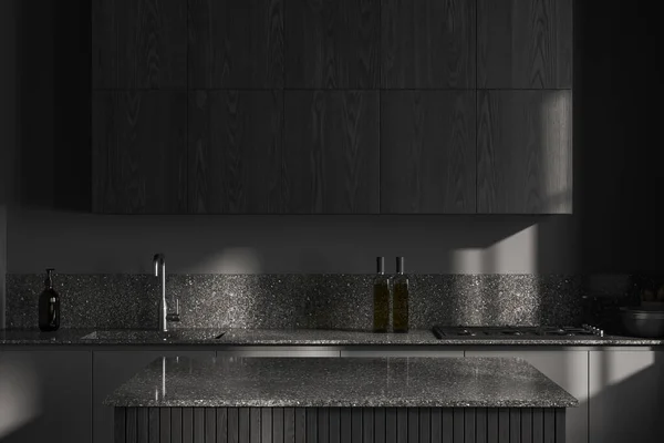Interior Stylish Kitchen Gray Black Walls Gray Cabinets Built Sink — Stock Photo, Image